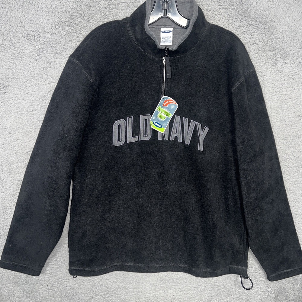NOS Old Navy Sweater Men Sz L Black Fleece ¼ Zip Spell Out Logo Pullover 90s Y2K